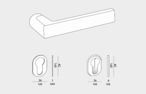 Szkic klamki z rozetami 1 mm i 4 mm oraz wymiarami